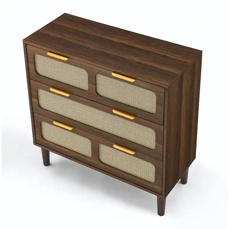Cassettiera a 3 cassetti in rattan stile Boho moderno di metà secolo con struttura in MDF e gambe in legno massello, cassettiera