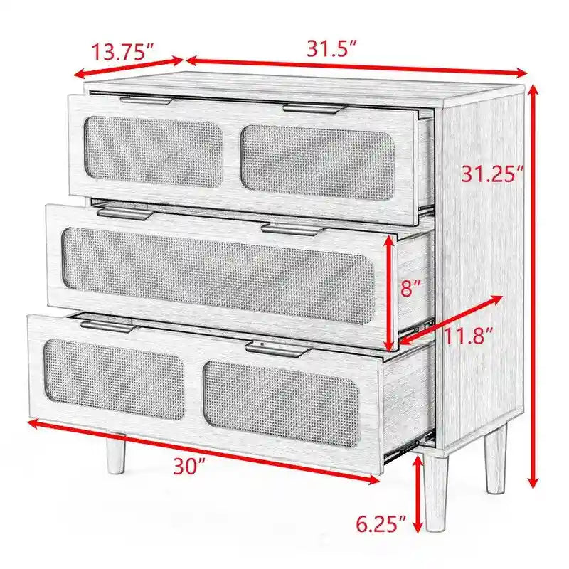 Cassettiera a 3 cassetti in rattan stile Boho moderno di metà secolo con struttura in MDF e gambe in legno massello, cassettiera