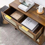 Cassettiera a 3 cassetti in rattan stile Boho moderno di metà secolo con struttura in MDF e gambe in legno massello, cassettiera