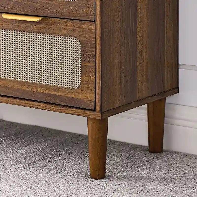 Cassettiera a 3 cassetti in rattan stile Boho moderno di metà secolo con struttura in MDF e gambe in legno massello, cassettiera