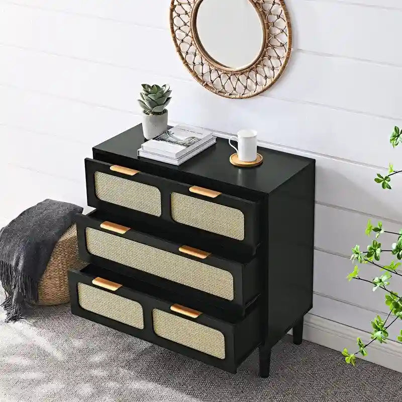 Cassettiera a 3 cassetti in rattan stile Boho moderno di metà secolo con struttura in MDF e gambe in legno massello, cassettiera
