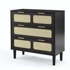 Cassettiera a 3 cassetti in rattan stile Boho moderno di metà secolo con struttura in MDF e gambe in legno massello, cassettiera