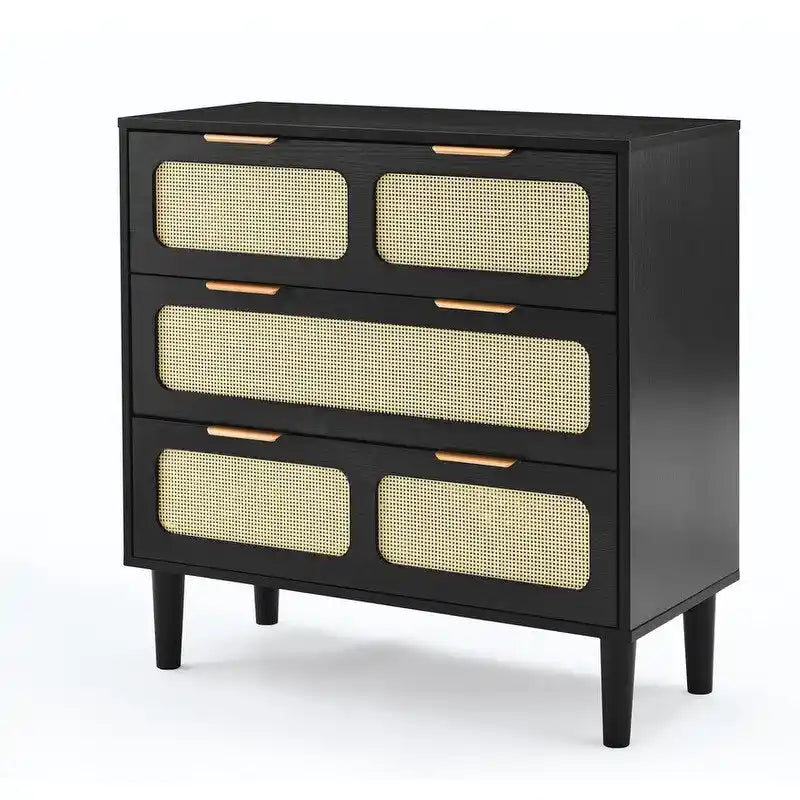 Cassettiera a 3 cassetti in rattan stile Boho moderno di metà secolo con struttura in MDF e gambe in legno massello, cassettiera