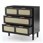 Cassettiera a 3 cassetti in rattan stile Boho moderno di metà secolo con struttura in MDF e gambe in legno massello, cassettiera
