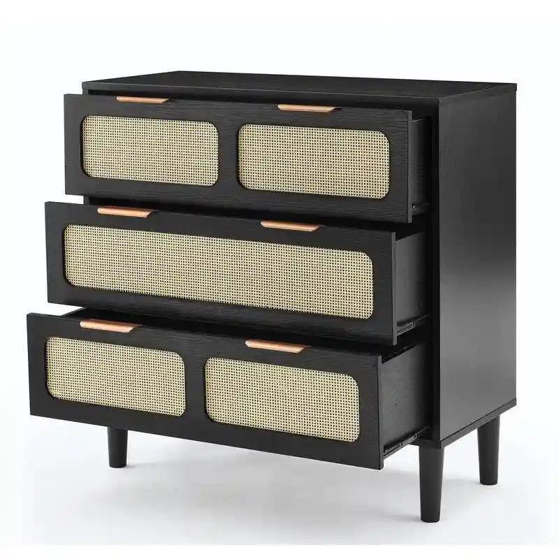 Cassettiera a 3 cassetti in rattan stile Boho moderno di metà secolo con struttura in MDF e gambe in legno massello, cassettiera