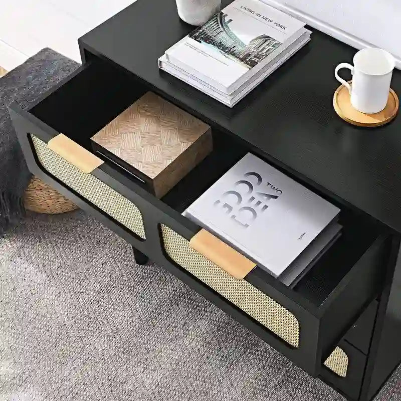 Cassettiera a 3 cassetti in rattan stile Boho moderno di metà secolo con struttura in MDF e gambe in legno massello, cassettiera