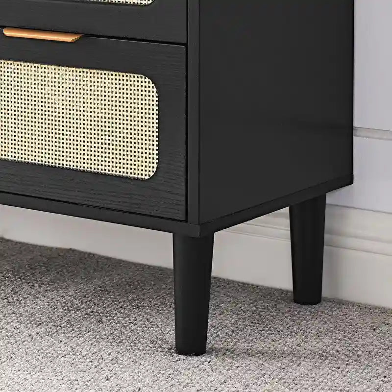 Cassettiera a 3 cassetti in rattan stile Boho moderno di metà secolo con struttura in MDF e gambe in legno massello, cassettiera