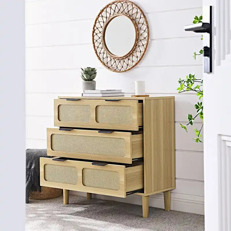 Cassettiera a 3 cassetti in rattan stile Boho moderno di metà secolo con struttura in MDF e gambe in legno massello, cassettiera