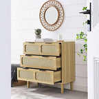 Cassettiera a 3 cassetti in rattan stile Boho moderno di metà secolo con struttura in MDF e gambe in legno massello, cassettiera