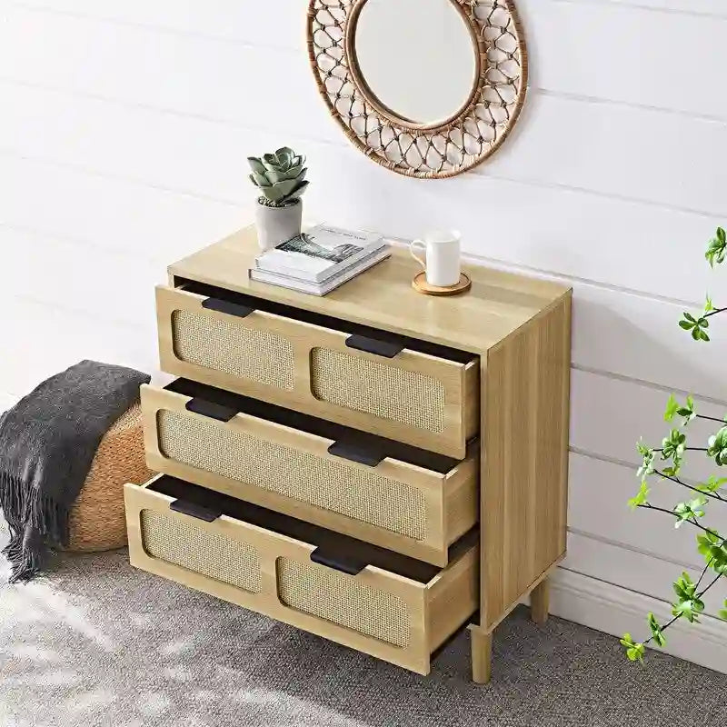 Cassettiera a 3 cassetti in rattan stile Boho moderno di metà secolo con struttura in MDF e gambe in legno massello, cassettiera