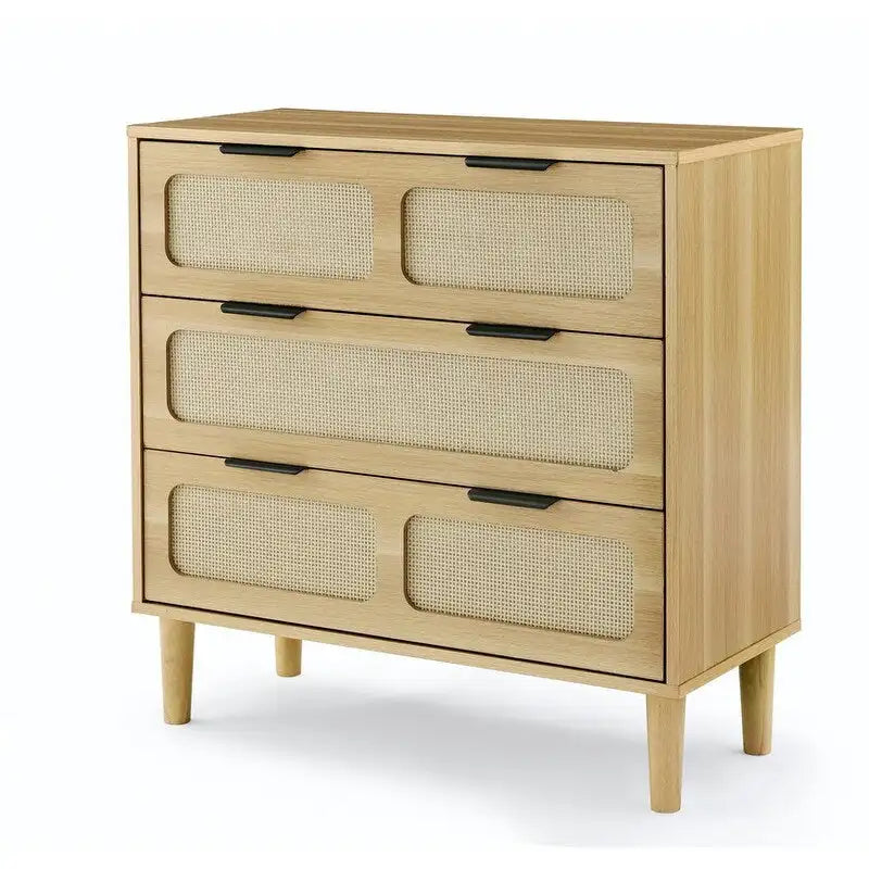 Cassettiera a 3 cassetti in rattan stile Boho moderno di metà secolo con struttura in MDF e gambe in legno massello, cassettiera