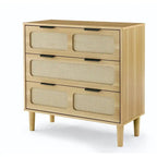 Cassettiera a 3 cassetti in rattan stile Boho moderno di metà secolo con struttura in MDF e gambe in legno massello, cassettiera