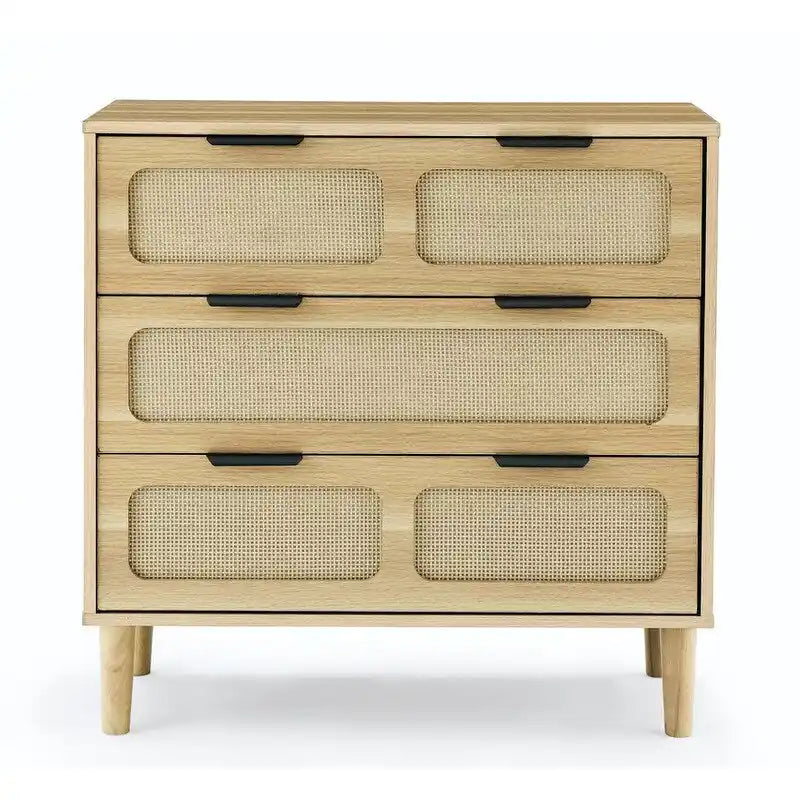 Cassettiera a 3 cassetti in rattan stile Boho moderno di metà secolo con struttura in MDF e gambe in legno massello, cassettiera