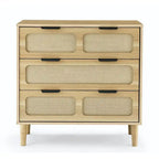 Cassettiera a 3 cassetti in rattan stile Boho moderno di metà secolo con struttura in MDF e gambe in legno massello, cassettiera