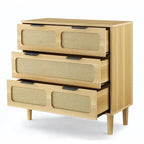 Cassettiera a 3 cassetti in rattan stile Boho moderno di metà secolo con struttura in MDF e gambe in legno massello, cassettiera