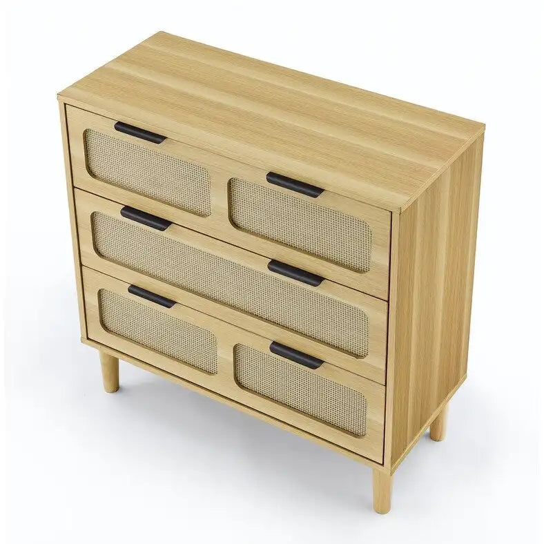 Cassettiera a 3 cassetti in rattan stile Boho moderno di metà secolo con struttura in MDF e gambe in legno massello, cassettiera