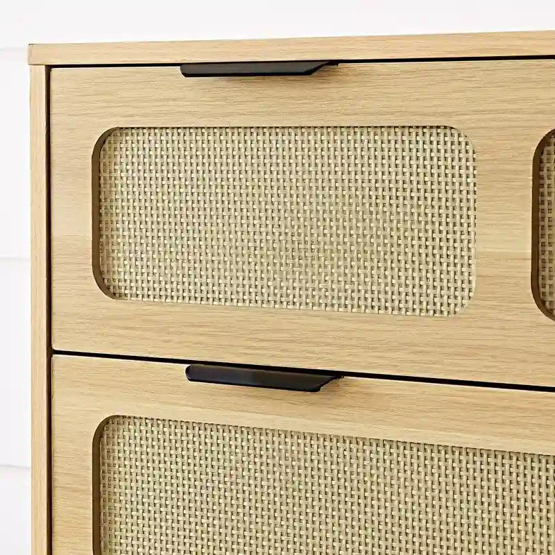 Cassettiera a 3 cassetti in rattan stile Boho moderno di metà secolo con struttura in MDF e gambe in legno massello, cassettiera