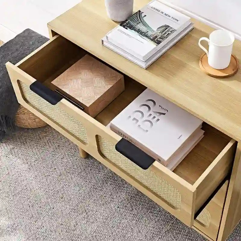 Cassettiera a 3 cassetti in rattan stile Boho moderno di metà secolo con struttura in MDF e gambe in legno massello, cassettiera