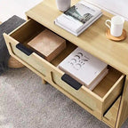 Cassettiera a 3 cassetti in rattan stile Boho moderno di metà secolo con struttura in MDF e gambe in legno massello, cassettiera