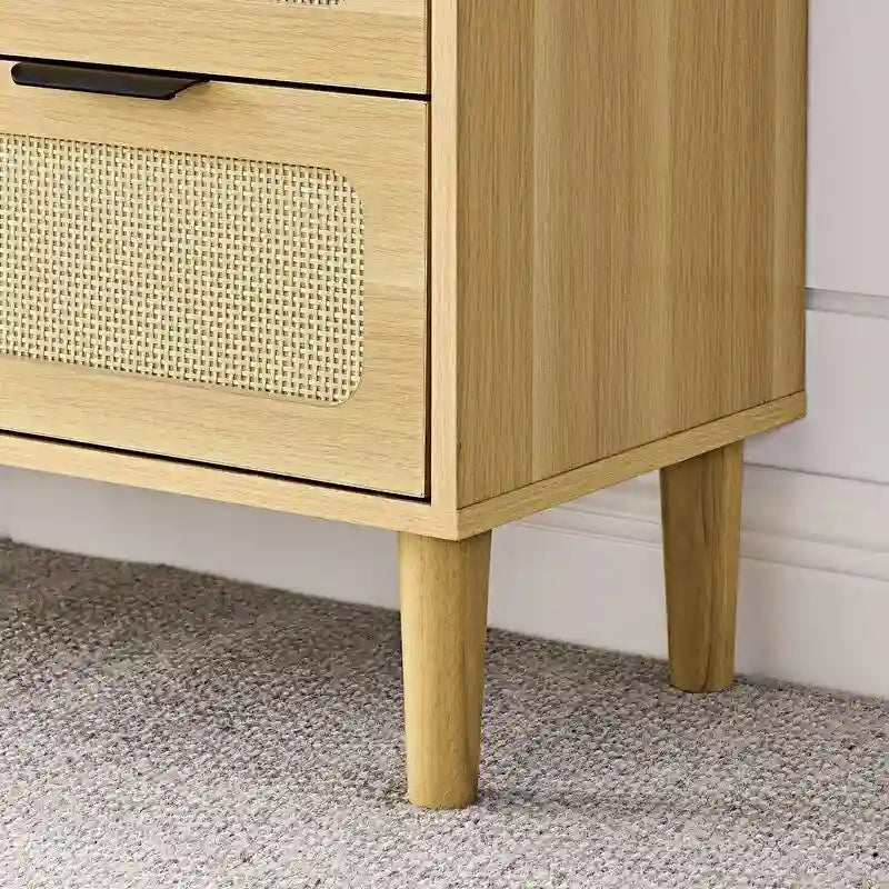 Cassettiera a 3 cassetti in rattan stile Boho moderno di metà secolo con struttura in MDF e gambe in legno massello, cassettiera