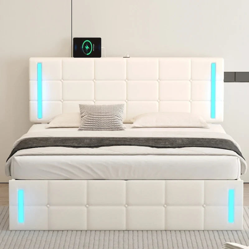 Letto Imbottito con Contenitore Idraulico e Stazione di Ricarica USB