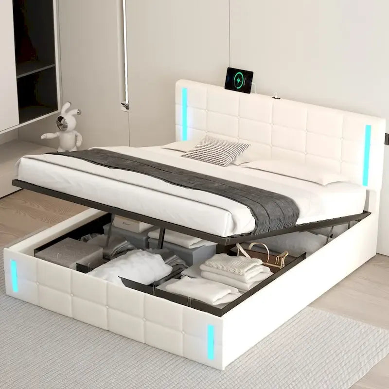 Letto Imbottito con Contenitore Idraulico e Stazione di Ricarica USB