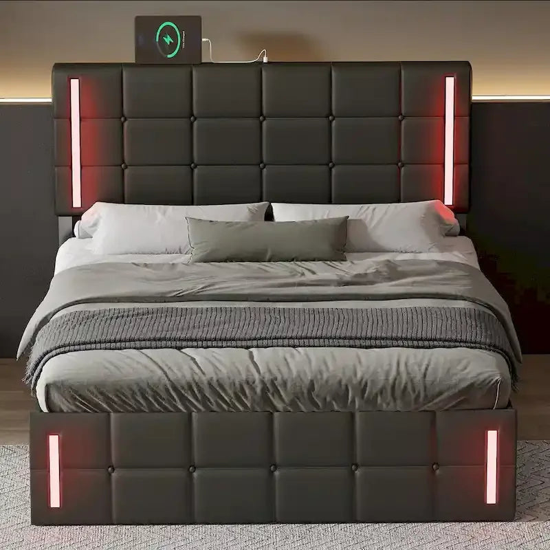 Letto Imbottito con Contenitore Idraulico e Stazione di Ricarica USB