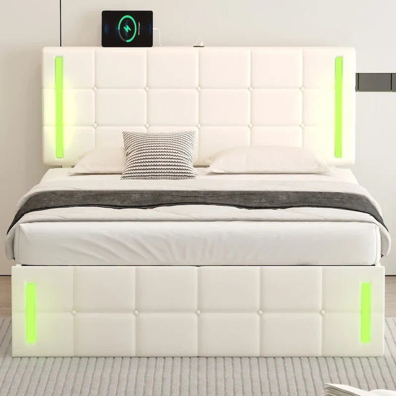 Letto Imbottito con Contenitore Idraulico e Stazione di Ricarica USB