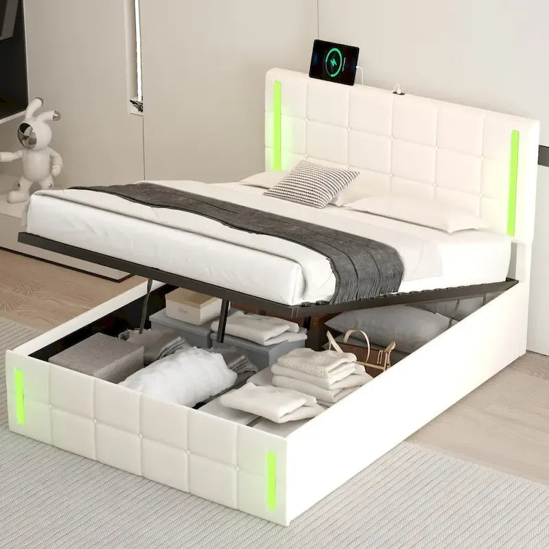 Letto Imbottito con Contenitore Idraulico e Stazione di Ricarica USB