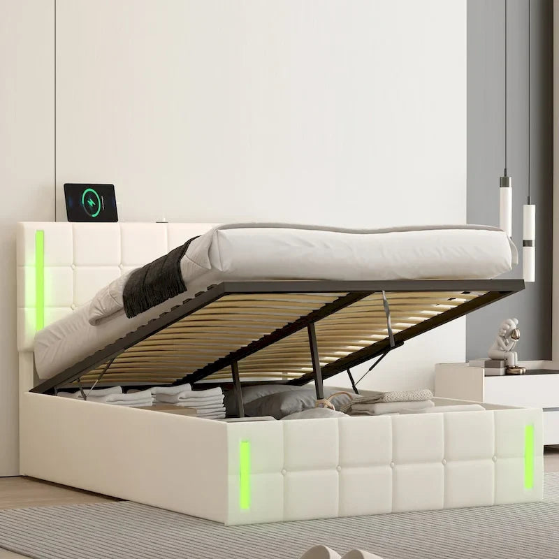 Letto Imbottito con Contenitore Idraulico e Stazione di Ricarica USB