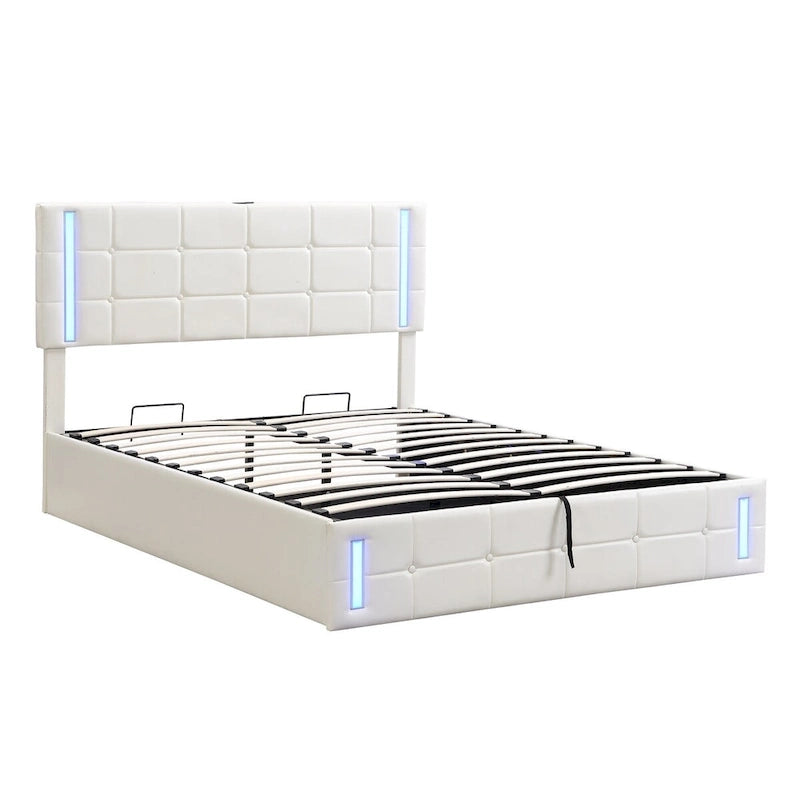 Letto Imbottito con Contenitore Idraulico e Stazione di Ricarica USB