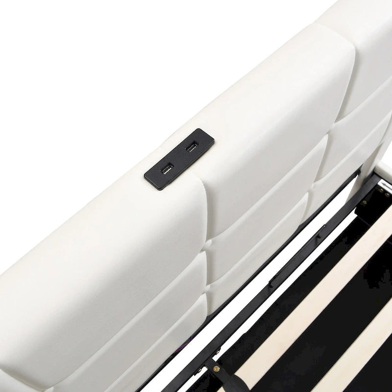 Letto Imbottito con Contenitore Idraulico e Stazione di Ricarica USB