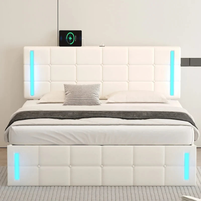 Letto Imbottito con Contenitore Idraulico e Stazione di Ricarica USB