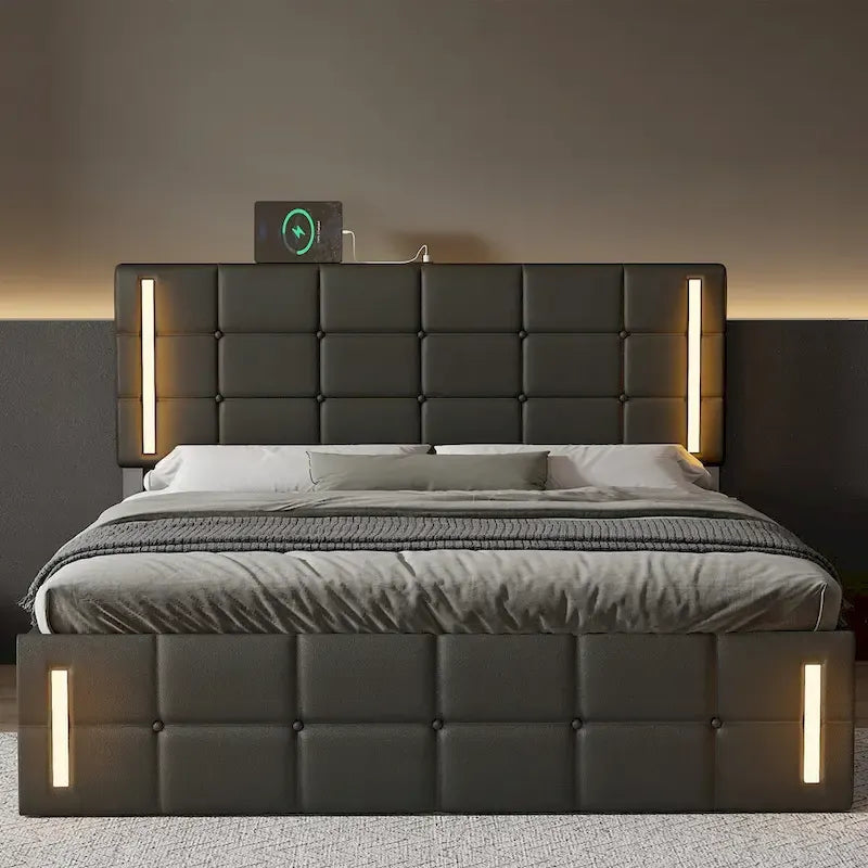 Letto Imbottito con Contenitore Idraulico e Stazione di Ricarica USB