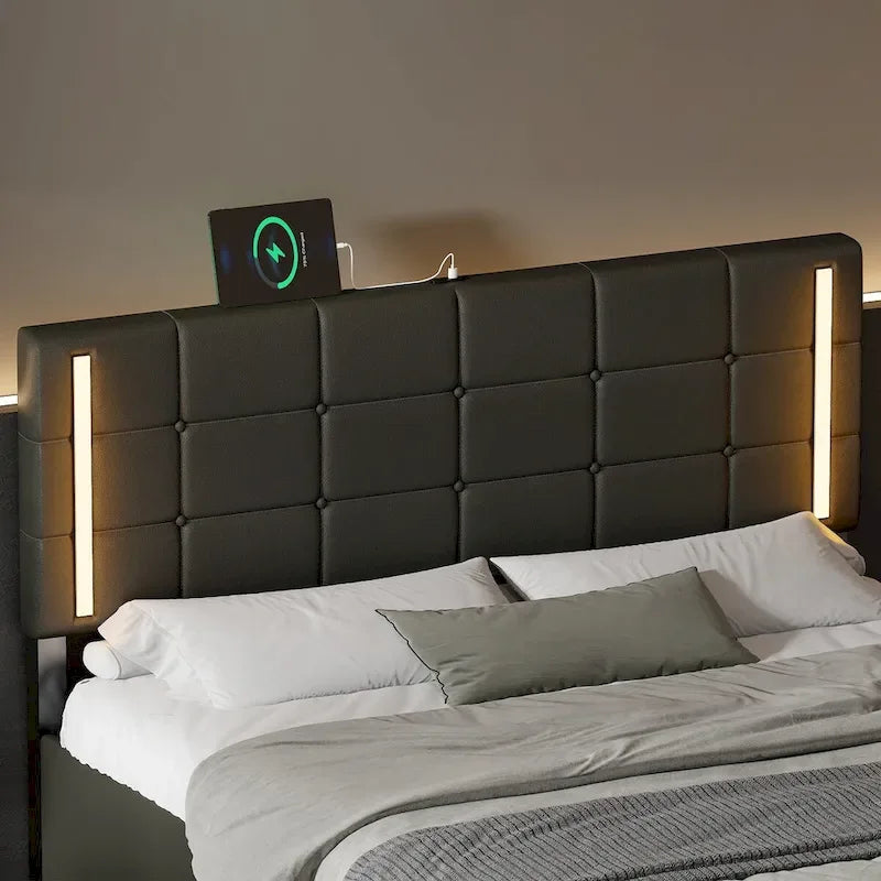 Letto Imbottito con Contenitore Idraulico e Stazione di Ricarica USB