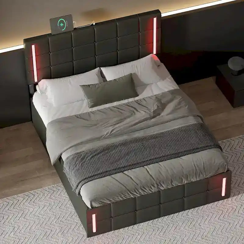 Letto Imbottito con Contenitore Idraulico e Stazione di Ricarica USB