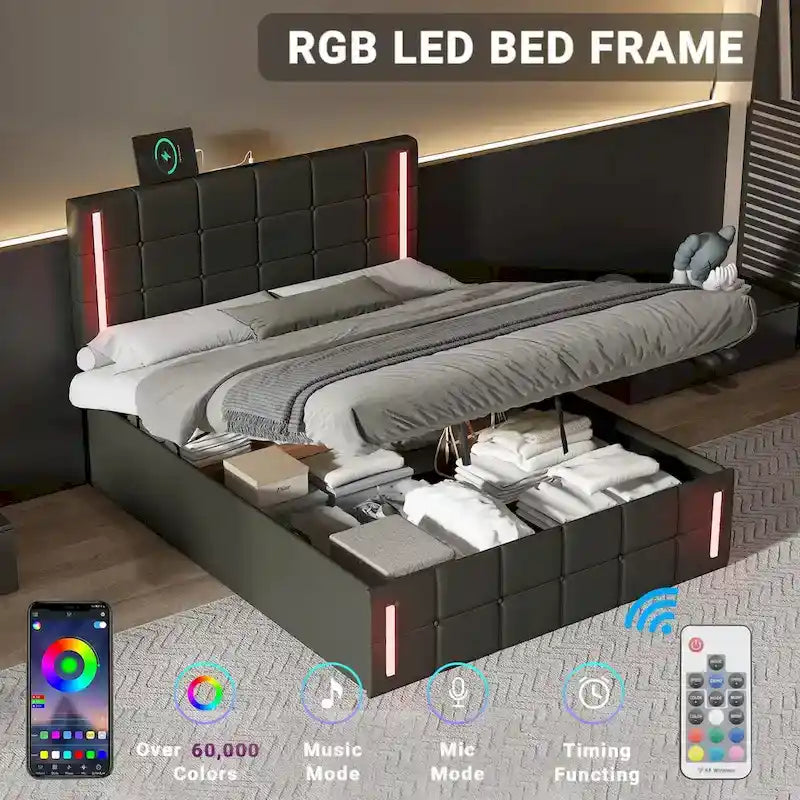 Letto Imbottito con Contenitore Idraulico e Stazione di Ricarica USB