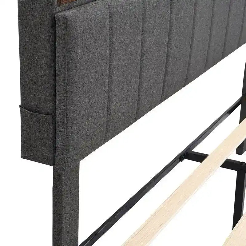 Struttura letto moderna con stazione di ricarica e testiera imbottita in lino, nessun bisogno di rete a molle, struttura letto a piattaforma