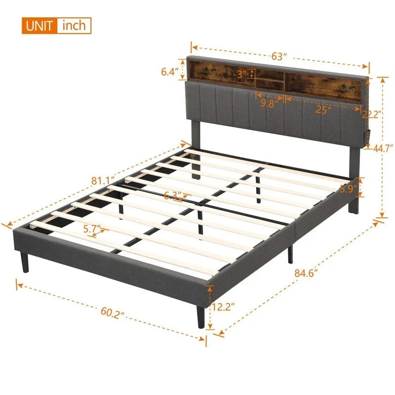 Struttura letto moderna con stazione di ricarica e testiera imbottita in lino, nessun bisogno di rete a molle, struttura letto a piattaforma