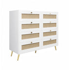 Cassettiera bianca a 8 cassetti con frontali in rattan e gambe e maniglie dorate