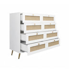 Cassettiera bianca a 8 cassetti con frontali in rattan e gambe e maniglie dorate