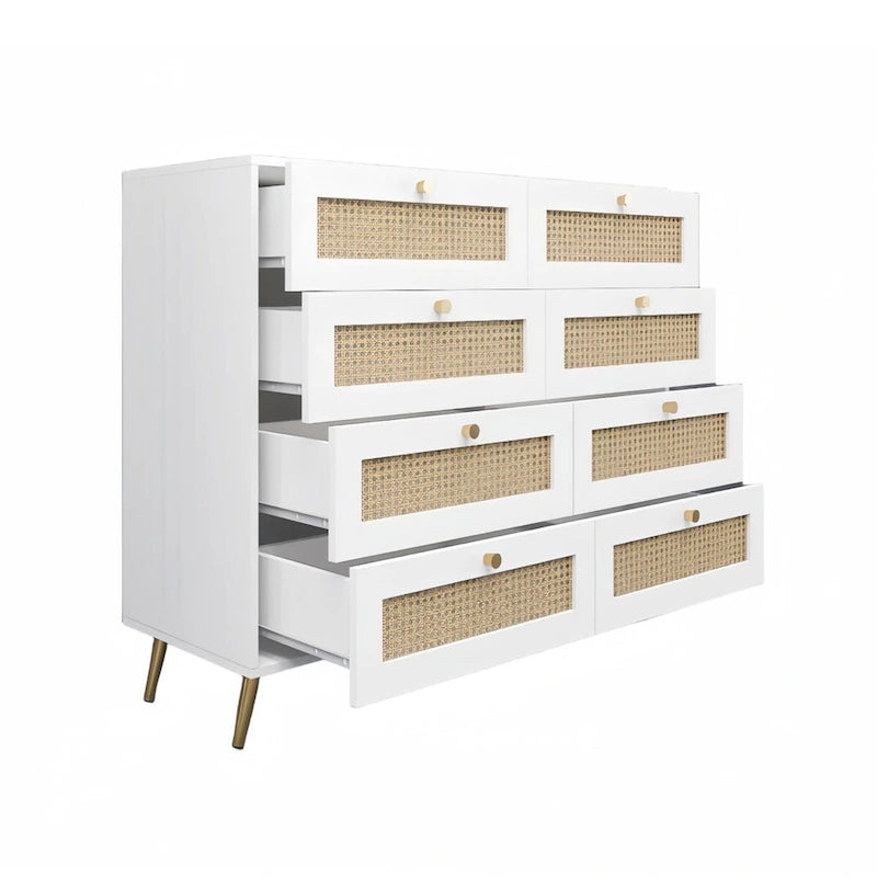 Cassettiera bianca a 8 cassetti con frontali in rattan e gambe e maniglie dorate