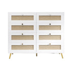 Cassettiera bianca a 8 cassetti con frontali in rattan e gambe e maniglie dorate