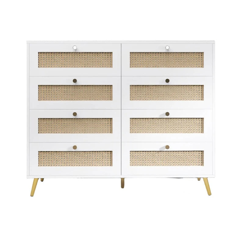 Cassettiera bianca a 8 cassetti con frontali in rattan e gambe e maniglie dorate
