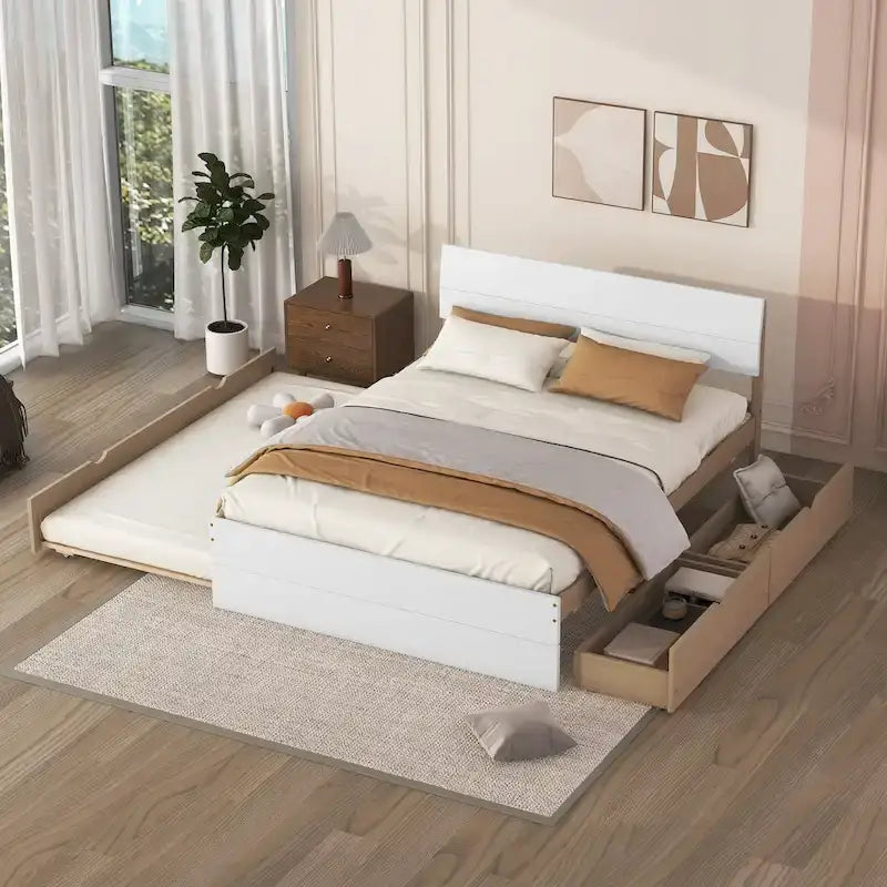 Struttura letto matrimoniale con letto estraibile singolo e 2 cassetti