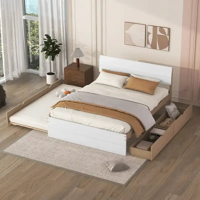 Struttura letto matrimoniale con letto estraibile singolo e 2 cassetti