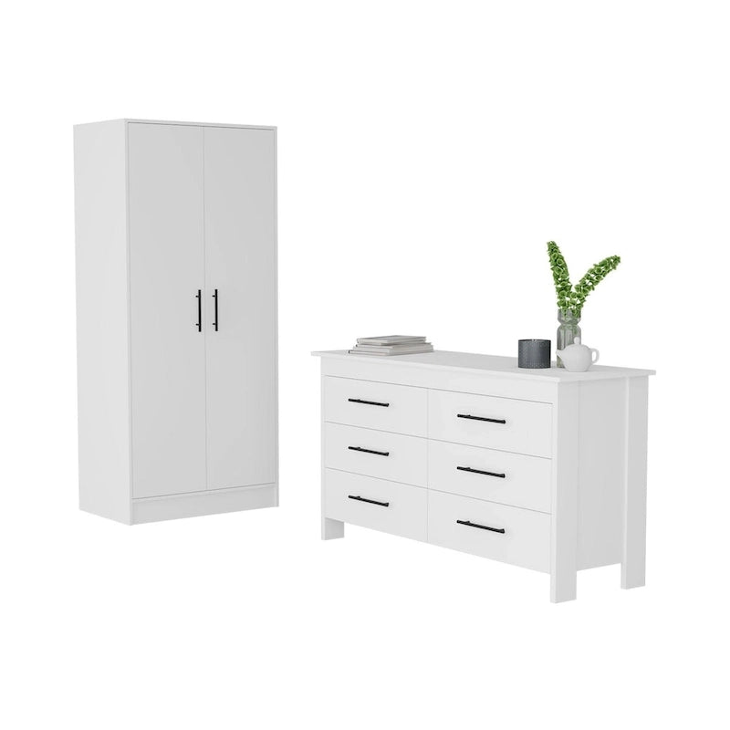 Set camera da letto 2 pezzi Canaan con armadio e cassettiera a 6 cassetti, bianco