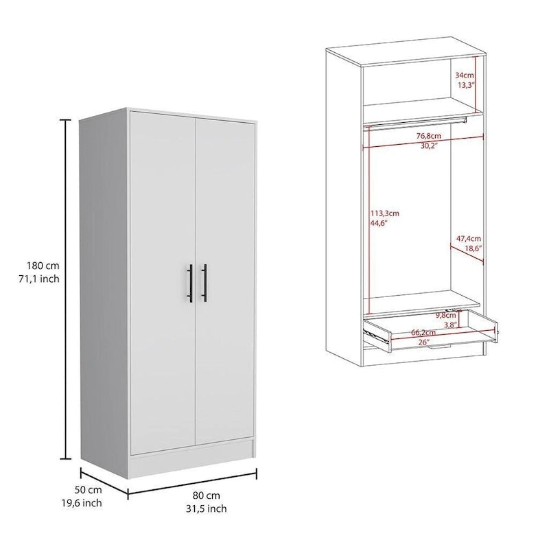 Set camera da letto 2 pezzi Canaan con armadio e cassettiera a 6 cassetti, bianco