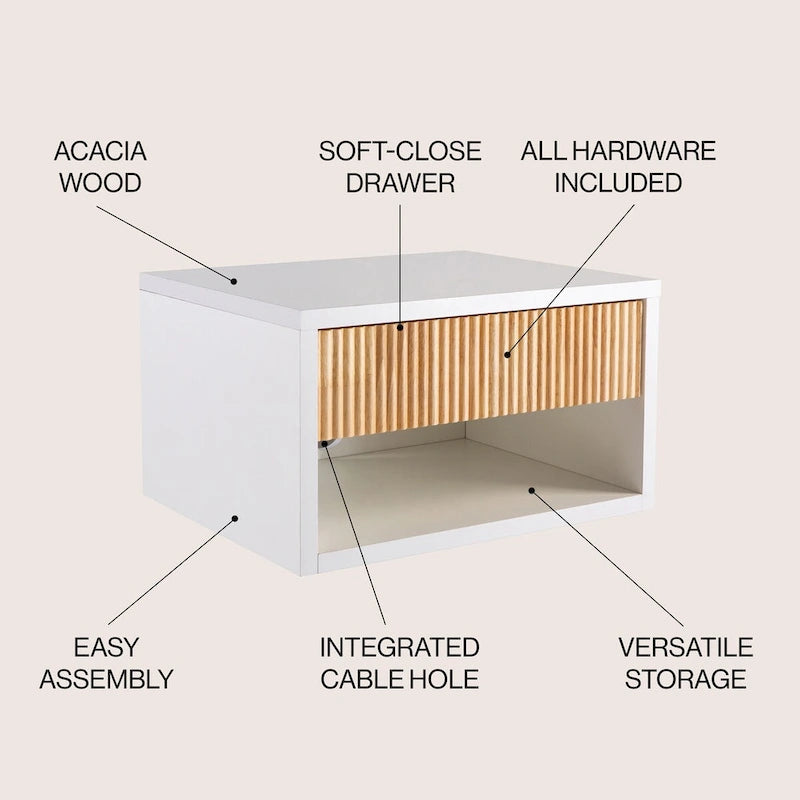 Ettore 15.71 Classic Contemporary Floating Wall Mounted Nightstand with Soft-Close Tambour Drawer and Cable Hole, by 