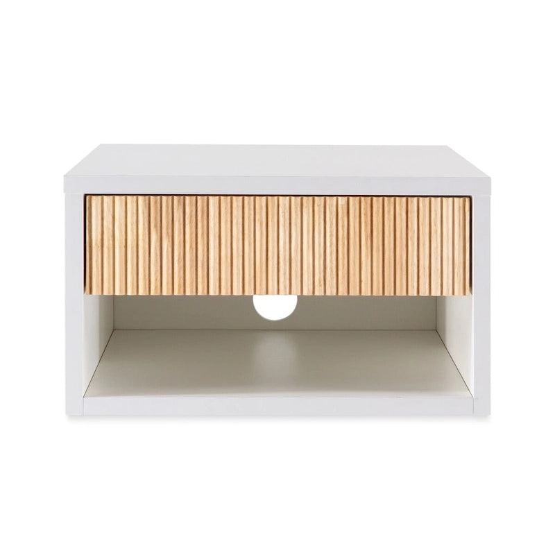 Comodino flottante classico contemporaneo da parete da 40 cm con cassetto scorrevole a serrandina con chiusura ammortizzata e foro passacavi